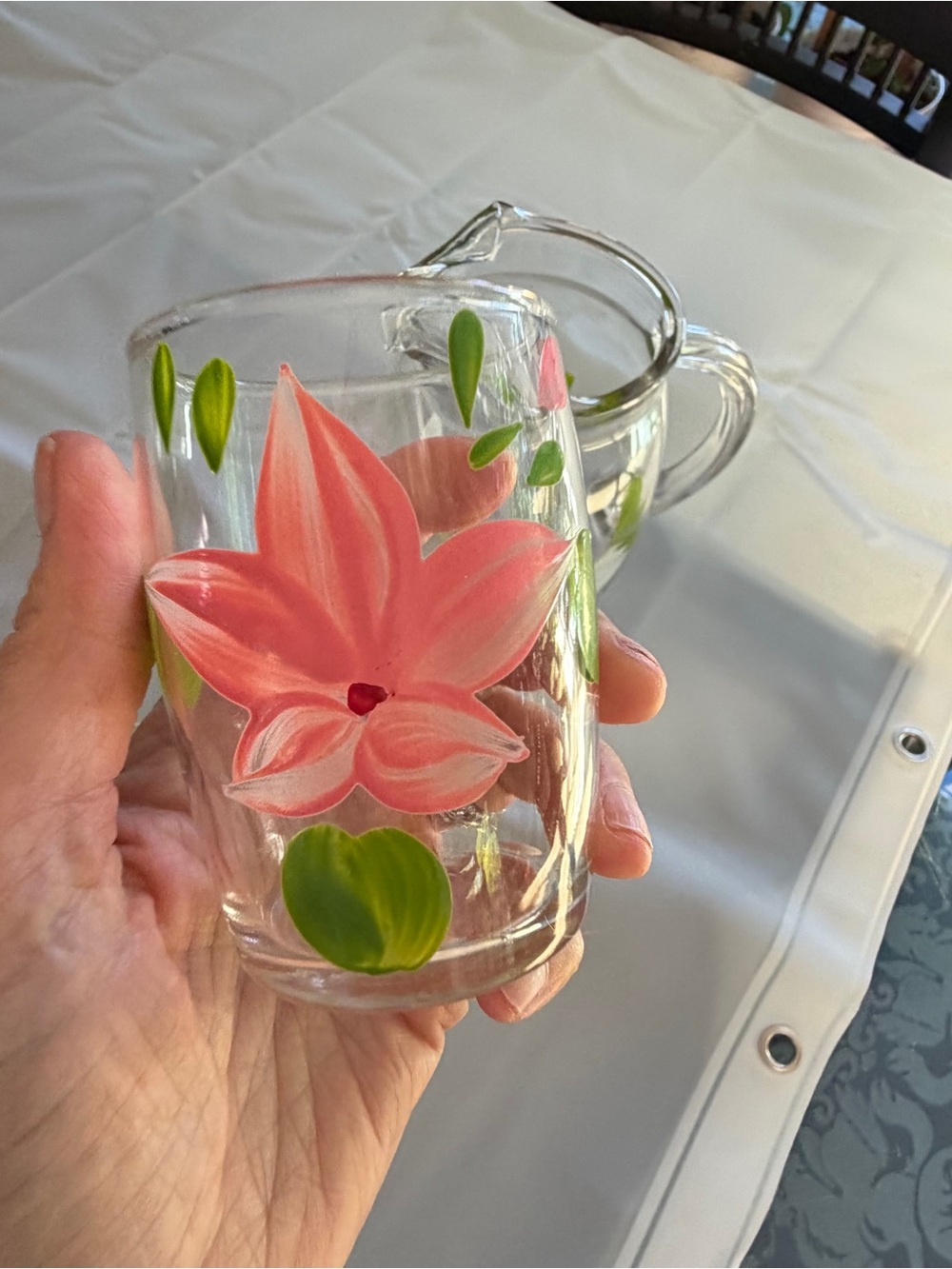 Hand-Painted Pink Floral Glass Tumbler - with Pitcher Decorative Home Accent